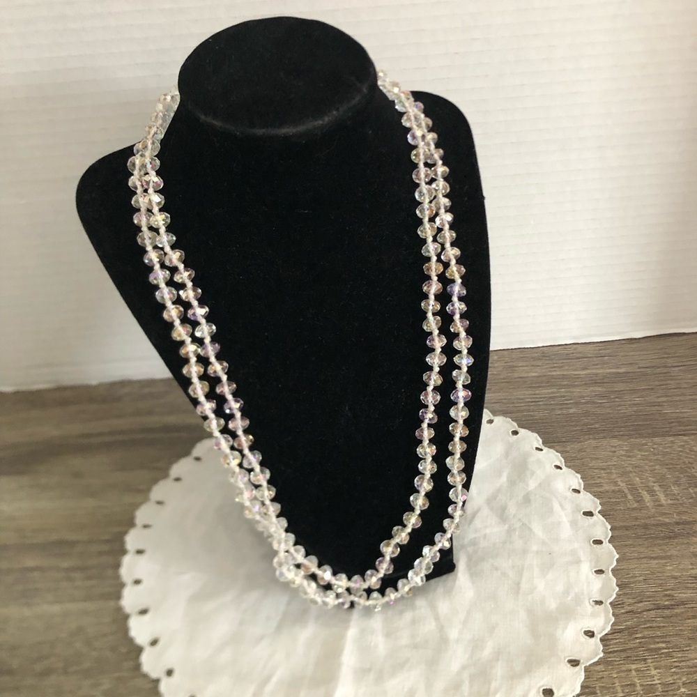 Vtg Hand Knotted Aurora Borealis Crystal Beaded Necklace